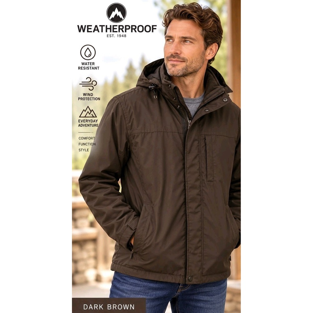 Weatherproof Men Jacket Parka Full Zip Hooded Wind Water Tech Brown XXL